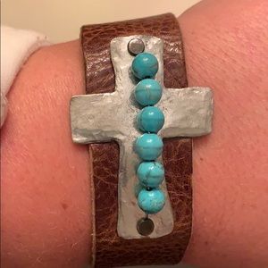 Leather cuff with silver cross and turquoise beads